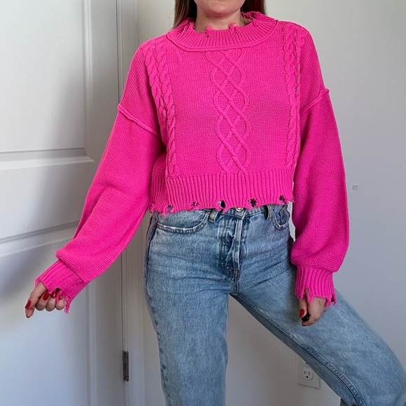 Neon Pink Distressed Crop Cable Knit Sweater - Picture 2 of 10